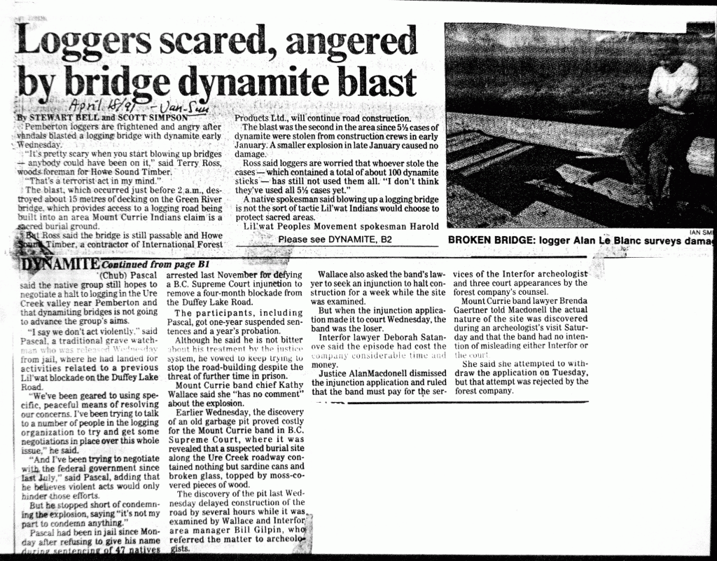 Loggers scared by bridge dynamite blast Vancouver Sun April 18 1991