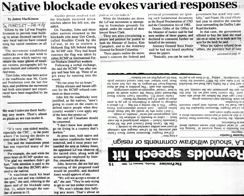 Native blockade evokes varied responses The Martlet February 14, 1991. 1 of 3