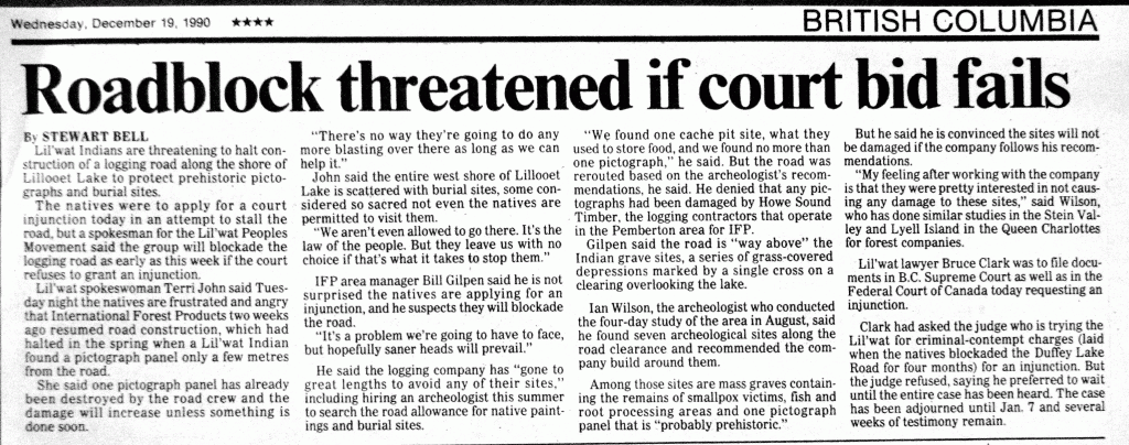 Roadblock threatened if court bid fails December 19, 1990. Vancouver Sun. 1 of 2